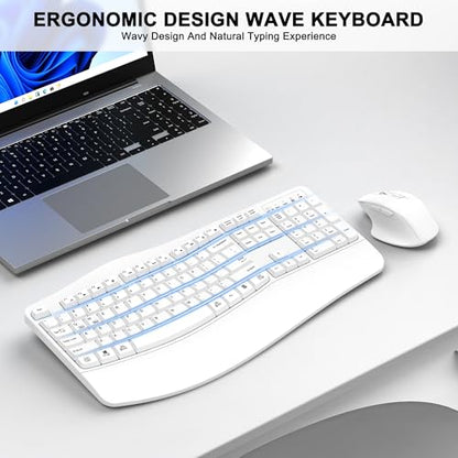 Wireless Keyboard and Mouse Combo, 2.4G Full Size Wave Keys Ergonomic Keyboard with Wrist Rest and 3-Level DPI Adjustable Wireless Ergonomic Mouse for Windows, Mac OS Desktop/Laptop/PC(White) - color: White
