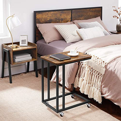 VASAGLE End Table, C Shaped TV Tray with Metal Frame Rolling Casters, Industrial Side Table for Living Room Bedroom, 19.7 x 13.8 x 23.6 Inches, Rustic Brown and Black - color: Rustic Brown + Black, size: 19.7"W x 21.7"H, style: With Wheels