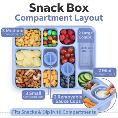 Snackle Box Container for Adults with 10 Compartment, Divided Serving Tray with Lid and Handle and 2 Sauce Containers, Portable Snack Box Container for Charcuterie Party Travel, Blue - color: Light Blue