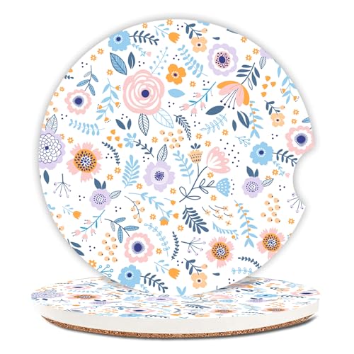 Pink Flowers Car Coasters for Drinks Absorbent,2 Pack Cup Holders,2.56" Ceramic Stone & Non-Scratch Cork Base Coasters,Auto Accessories for Women & Men. - color: Pink Flowers