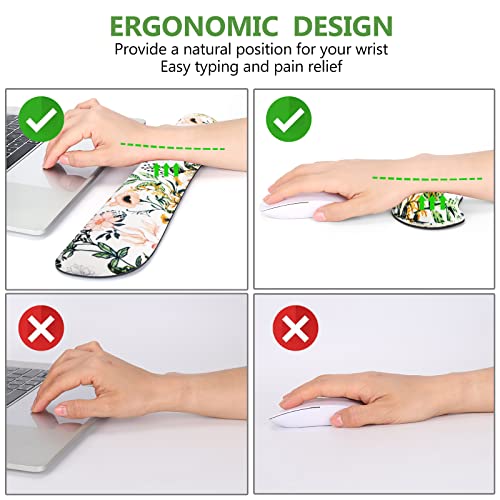 DINKY Keyboard Mouse Pad Set, Large Gaming Mousepad + Memory Foam Ergonomic Keyboard Wrist Rest Support, Easy Typing Pain Relief, 4Pcs (35.4" x 15.7") Extended Desk Mat -Beautiful Floral