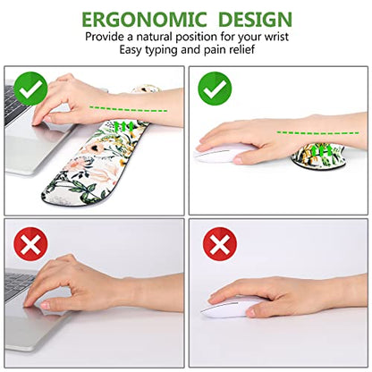 DINKY Keyboard Mouse Pad Set, Large Gaming Mousepad + Memory Foam Ergonomic Keyboard Wrist Rest Support, Easy Typing Pain Relief, 4Pcs (35.4" x 15.7") Extended Desk Mat -Beautiful Floral