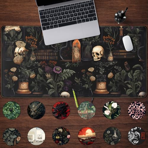 Vintage Aesthetic XL Extended Large Gaming Mouse Pad - Black Academia Mystical Green Plant Design - Computer Laptop Keyboard and Mouse Mat Desktop Protector - 31.5 x 15.8 in - color: Dark Theme