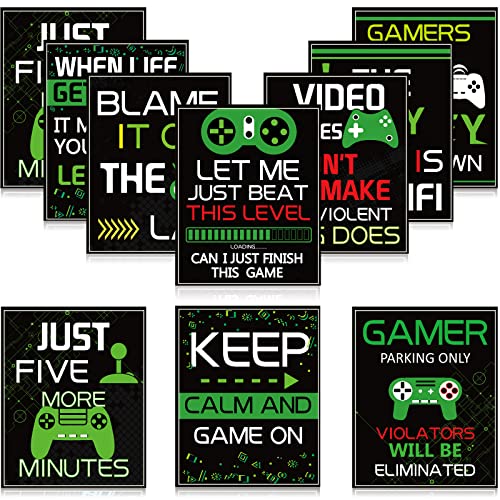 Sumind 10 Video Game Poster Sign Gamer Art Print Boy Game on Birthday Party Wall Decoration, Inspirational Words Quote Poster 10 x 8 Inch Wall Gaming Art for Kids Boy Bedroom Decor, No Frame (Green) - color: Green