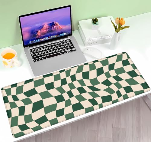 Sage Green Checkered Desk mat, Retro Boho Extra Large Mouse Pad, Abstract Wavy Desk Protector Pad, Minimal Pattern Aesthetic Writing Mat for Computer & Laptop Home Office, 31.5 X 11.8 in - color: Green Checkered