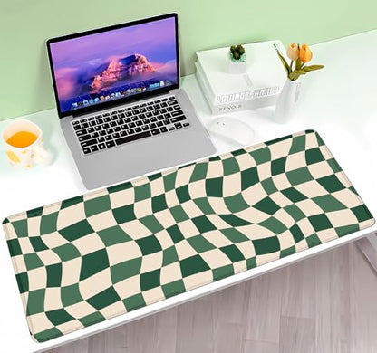 Sage Green Checkered Desk mat, Retro Boho Extra Large Mouse Pad, Abstract Wavy Desk Protector Pad, Minimal Pattern Aesthetic Writing Mat for Computer & Laptop Home Office, 31.5 X 11.8 in - color: Green Checkered