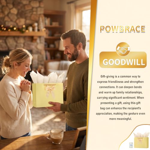 Powbrace Gold Bags with Handles, 13" Medium Gift Bag Set - 1 Gift Bag with Bow, 2 Tissues & Greeting Card for Wedding Baby Shower Fathers Day Mothers Day Birthday Party - color: 1Pcs Gold Glossy Gift Bag, size: 1 count (Pack of 1)