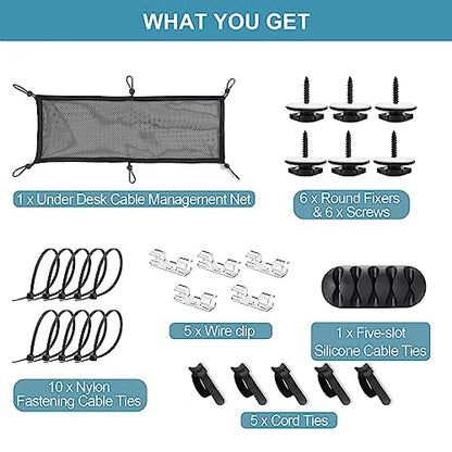 Cable Management Mesh Under Desk Kit, Privacy Net, 36PCS Table Flexible Wire Organizer, Extra Large Capacity Kit Desk, 27 x 10 Inches - size: 6 holes