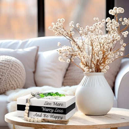 Capoda 3 Pcs Decorative Books for Home Decor Farmhouse Faux Stacked Books Wooden Rustic Table Decor with Bead Garland Twine Ribbon Faux Leaf for Table (Smile) - style: Smile