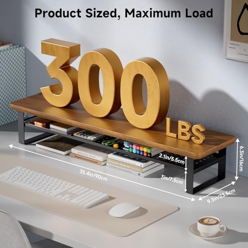 Dual Monitor Stand, 35.4 Inch Monitor Stand Riser for 2 Monitors, 2 Tiers Wood Desk Shelf with Storage, Desktop Organizer Stand for Computer, Laptop, Printer, TV - color: Walnut, size: 35.4in