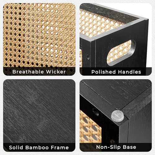 TIOPGHAD 3-Gallon Small Rattan Wicker Waste Basket Trash Can, Black & Oak | Bamboo Frame with Handles, 11.8x6.7x11.8 inches, Waterproof Coating, Ideal for Bathroom, Office and Bedroom - color: Black&Oak