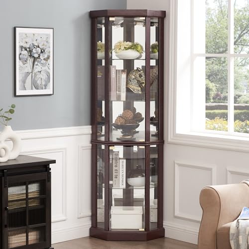 70" Lighted Corner Curio Cabinet,Inside Mirror Corner Glass Display Case with Tempered Glass Door for Living Room, Antique Collectibles, Wine & Bar Glass Storage, Lights Included - color: Dark Cherry, size: Style-B