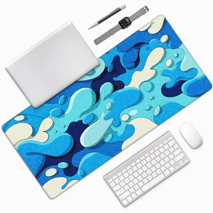 Extended Gaming Mouse Pad, Blue Wave Pattern Design, 35.4 x 15.7 Inches, Anti-Slip Rubber Base, Stitched Edges, Rectangular Desk Mat for Gaming and Office - color: Blue Waves