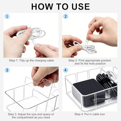 Cheardia 4 Pack Cable Organizer Box with Wire Ties, 2 Style Plastic Cord Storage Box, 10 In Adjustable Clear Charger Organizer with Lid for Electronics Office Home Desk Accessories