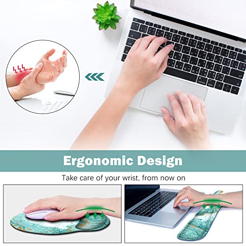 ARTSO Large Mouse Pad Set, Ergonomic Keyboard Wrist Rest Support, Memory Foam Gel Extended Non-Slip Desk Blotter Pad for Office, Home, Teal Turqoise Marble - color: Teal Turqoise Marble