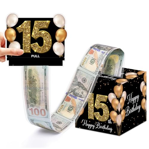 VIVORA 15th Birthday Money Box for Cash Pull, Happy Birthday Black Gold Boxes Gifts for Money Pull Out Card, 50Pcs Transparent Bags - color: Blackgold15th