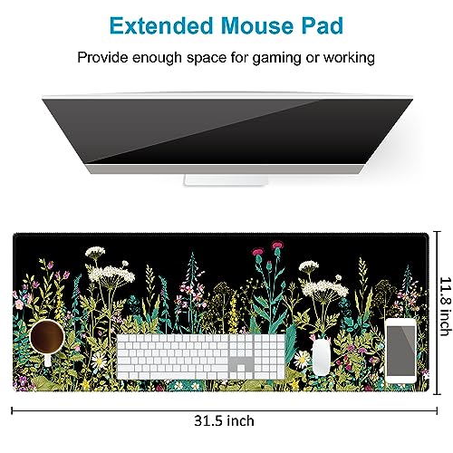 Extended Desk Mat (31.5x11.8 inch 3mm Thick), iDonzon Soft Cute Extra Large XXL Waterproof Gaming Mouse Pad with Non-Slip Rubber Base & Stitched Edges, for Working/Game, Garden Flowers - color: Black