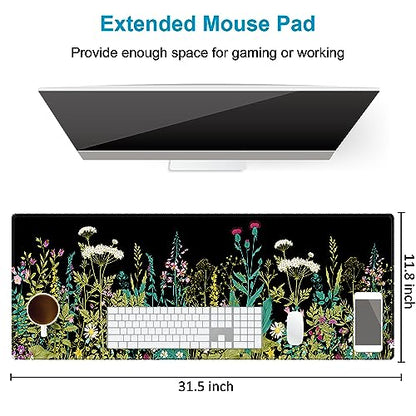 Extended Desk Mat (31.5x11.8 inch 3mm Thick), iDonzon Soft Cute Extra Large XXL Waterproof Gaming Mouse Pad with Non-Slip Rubber Base & Stitched Edges, for Working/Game, Garden Flowers - color: Black