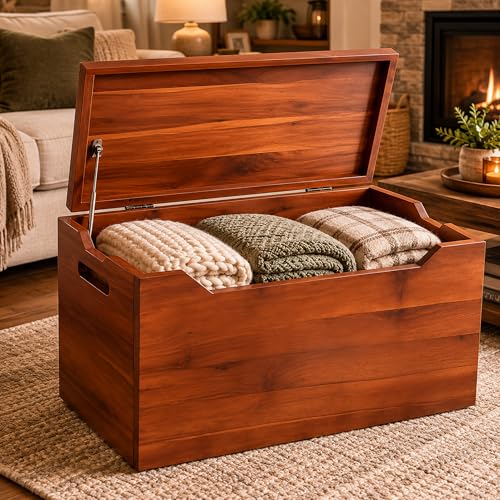 Blanket Storage Chest, Fully Assembled Solid Wood, Walnut Finish - color: Blanket Storage - Walnut