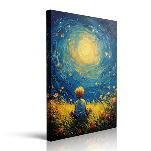 Starry Sky Child Canvas Wall Art Framed Dreamy Moonlight Painting Prints Posters Wrapped Canvas Wall Decor Blue Night Flower Field Artwork for Bedroom Nursery Living Room Home Gift 12x16 Inches - color: Cute Kid, size: 16"L x 12"W