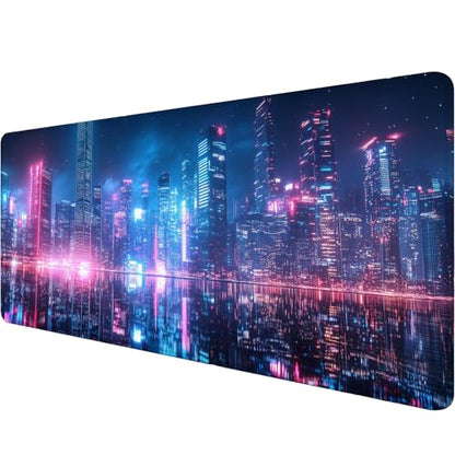 Neon City Desk Pad Mouse Pad 31.5 x 11.8 Inch Modernist Night Fantasy Large Gaming Mouse Mat with Stitched Edges,Non-Slip Waterproof Rubber Base Mous Mat Office Computer Keyboard Laptop Home - color: Neon City, size: 11.8W x 31.5L inches