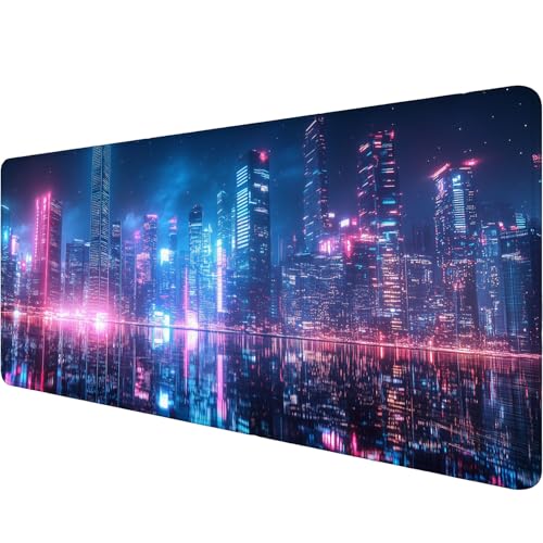 Neon City Desk Pad Mouse Pad 31.5 x 11.8 Inch Modernist Night Fantasy Large Gaming Mouse Mat with Stitched Edges,Non-Slip Waterproof Rubber Base Mous Mat Office Computer Keyboard Laptop Home - color: Neon City, size: 11.8W x 31.5L inches