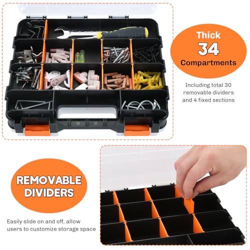 Small Parts Organizer | Storage Case Tools Box Organizer 34-Compartments Double Side Organizer Box with Removable Dividers for Small Hardware, Screws, Bolts, Nuts, Nails, Beads, Jewelry (1)