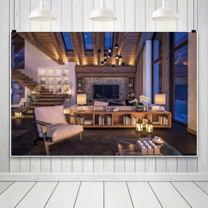 Yeele 5x4ft Living Room Backdrop Modern Cozy Apartment Night Living Room Sofa Wooden Staircase Photography Background for Live Video Online Meeting Video Conference Decor Photo Shoot Props - size: 5x4ft