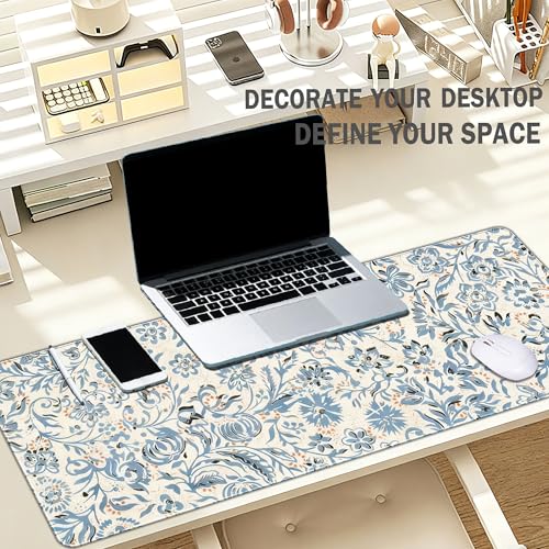 Blue Boho Mouse Pad Abstract Flroal Desk Mat, Spring Summer Mouse Pad for Desk Large, Blue and Beige Desktop Mats Aesthetic Computers Pads Flroal Decor for Desk Office Dorm Women 31.5x11.8 - color: Blue Beige Flroal, size: 31.5L x 11.8W inches