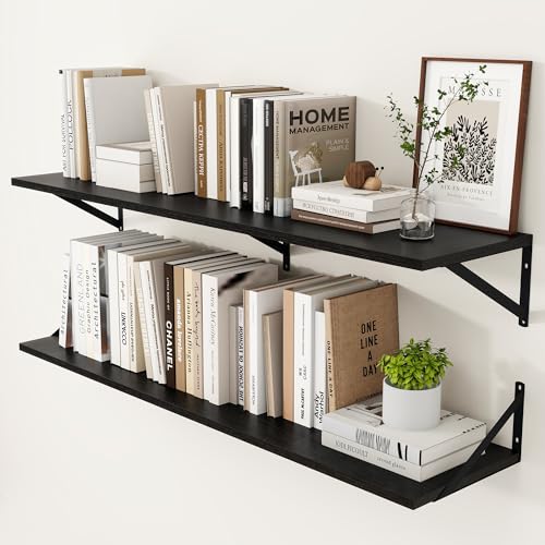 Heimlove Black Deep Floating Shelves for Wall, 48W x 12D Wood Wall Shelves Set of 2, Wide Floating Bookshelf for Living Room, Kitchen, Office, Bedroom and Decor Storage, with Metal Bracket - Black - color: Black With Black Metal Bracket, size: 48wx12dx5.8