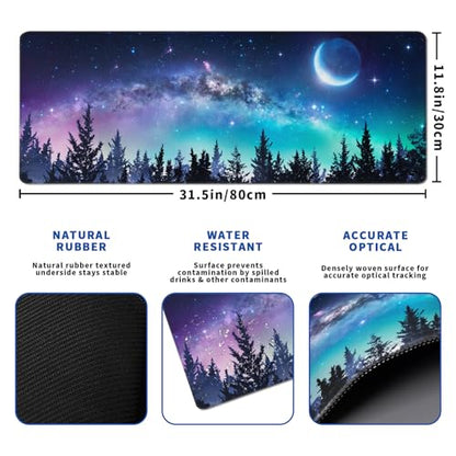 Tree Mouse Pad Abstract Starry Sky Mouse Pad 31.5x11.8 Inch Japanese Texture Non-Slip Rubber Base Large Mousepad Stitched Edges Keyboard Mouse Mat Desk Pad for Office and Home - color: Moon