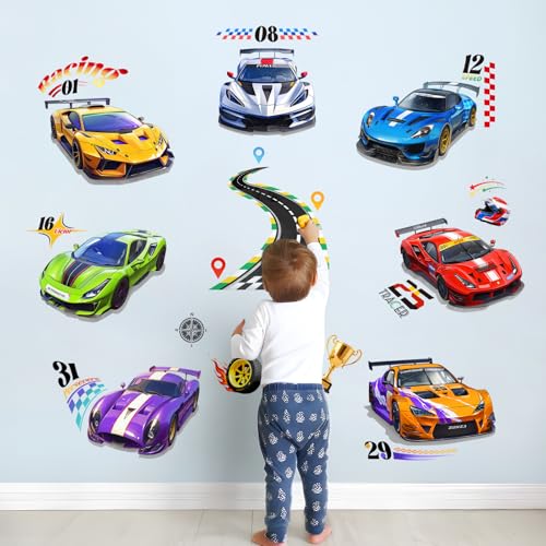 Tanlaby Racing Car Wall Decals Roads Vehicles Wall Stickers Vinyl Peel and Stick Art Decor for Boys Bedroom Kids Room Toddles Playroom