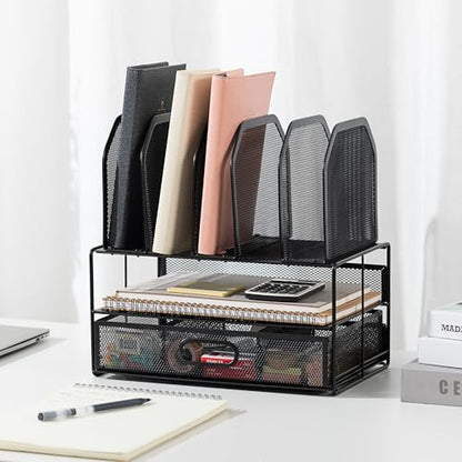 Amazon Basics Mesh Desk Organizer with Sliding Drawer, Double Tray and 5 Upright Sections, File Holder for Office Supplies, Paper Letter Tray, Black