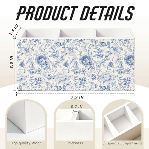 Blue Floral Pen Pencil Holder for Desk, French Country Toile De Jouy Flower Botanical Wooden Box Sign Decorations for Home Office Girls Room Bedroom Desk Tabletop - color: 03-Blue Floral(white02)