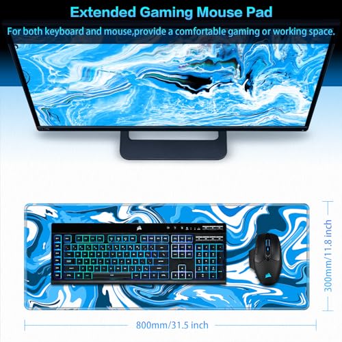 Canjoy Gaming Mouse Pad, Fluid Pattern Mouse Pad 31.5x11.8inch Large Extended Computer Mouse Mat Keyboard Full Desk Mousepad for Gaming, Office, Home - color: Blue-White Fluid, size: 800*300mm