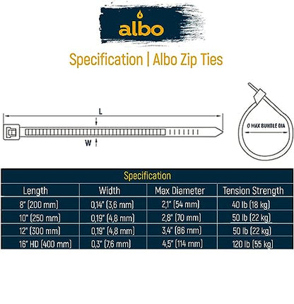 ALBO Zip Ties Black 10 Inch 5000 Pack 50 lb, Long Plastic Cable Ties Thick 0.19 Inch Tie Wraps Heavy Duty UV Resistant Nylon Wire Ties for Indoor and Outdoor - size: 10" Black 5000 Pack 50lb