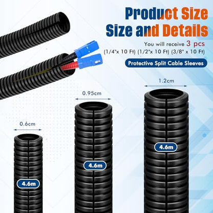 Sasylvia 1/4", 1/2", 3/8" X 10 ft Split Wire Loom Tubing Automotive Wire Loom Assortment Split Cable Sleeves Bulk Flexible Electrical Conduit Protective Kit - size: 1/4", 1/2", 3/8" X 10 ft