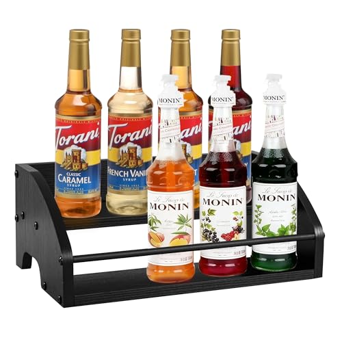 Mini Coffee Syrup Rack, 2-Tier | Syrup Bottles Holder, Liquor Bottle Display Shelf, Rustic Wooden Countertop Organizer, For Coffee Bar, Spirits, Tea - color: 2-Tier Wood