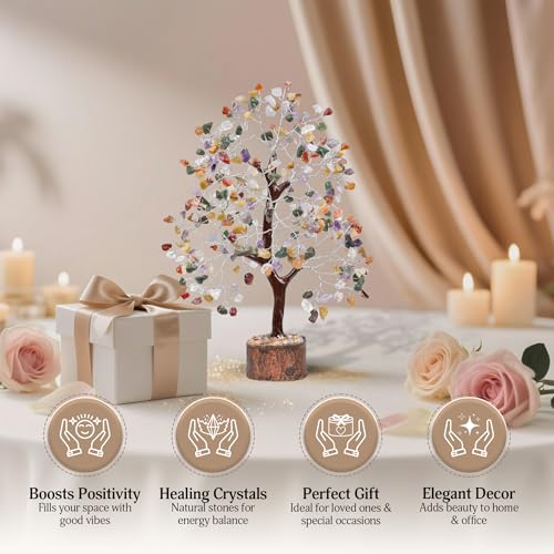 FASHIONZAADI Premium Crystal Tree of Life – 7 Chakra Tree for Healing, Positive Energy, Luck & Manifestation – Gift-Ready Packaging – Ethically Handcrafted Spiritual Gifts for mom - color: Mix Chakra Silver Wire
