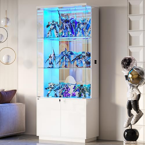 Lvifur 71” Tall Display Cabinet with Glass Doors, Modern Curio Cabinet Display Cases for Collectibles, Living Room Bookcase Locking Cabinet with Lights & Human Body Sensor, Gift for Father (White) - color: White-led