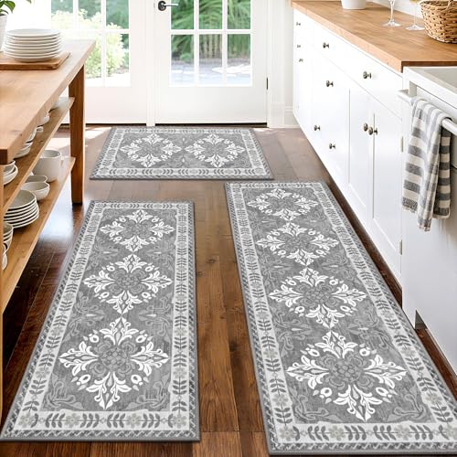 3-Piece Kitchen Rugs, Non-Slip & Washable Floor Mats, Water-Absorbent Area Pad, Standing Desk Mat for Office, Home, Doorway, Laundry, Kitchen Accessories (Light Grey) - color: Light Grey, size: 20"x32"+20"x48"+20"x59"