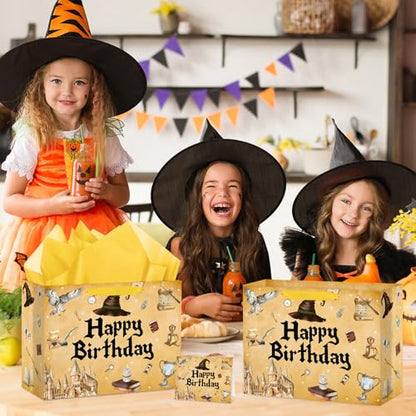 Hooqict Magical Wizard Gift Bag Happy Birthday Gift Wrapping Bag with Handles, Tissue Paper and Greeting Cards for Kids Girls Boys Wizard Birthday Party Supplies Halloween Party Favors - color: Magical Wizard