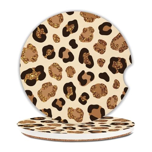 Leopard Car Coasters for Cup Holders Set of 2 Leopard Print Absorbent Ceramic Cup Coaster 2.63" Non-Slip Cork Base Drink Coasters with Finger Notch Car Accessories Interior for Women Men - color: Leopard