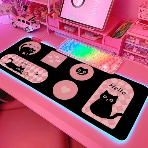 JMIYAV Pink RGB Gaming Mouse Pad 31.5x12 Inch PC XL Large Extended Glowing Led Light Up Desk Pad Non-Slip Rubber Base Computer Cute Mousepad Mat Desk Accessories Gaming Setup Hello Cat - color: Hello Cat