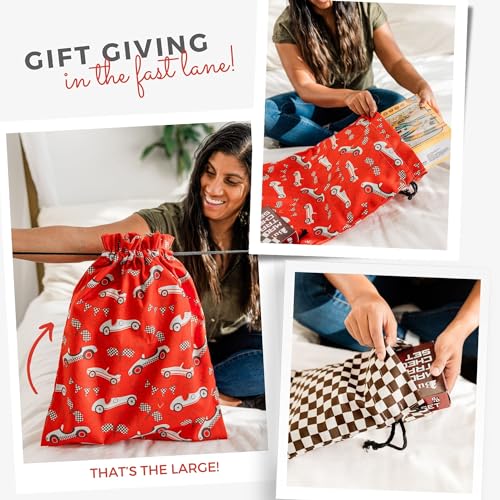 Gather & Knot Drawstring Gift Bags | 20" Large 12" Small | Premium Canvas | Reusable Fabric Wrap for Boy Birthday, Baby Shower | Cars Party Theme Decor | Race Car - color: Race Car