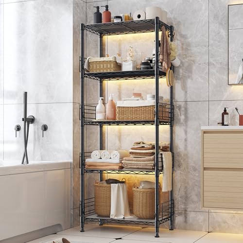 REIBII 5 Tier Wire Shelves with Side Blockers Pantry Shelves Organizers with Hooks & Shelf Linker Adjustable Metal Shelving for Storage, Kitchen,Pantry,Bathroom,Laundry Room,59.1"H x 21.7"W x 13.8"D