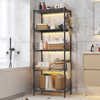 REIBII 5 Tier Wire Shelves with Side Blockers Pantry Shelves Organizers with Hooks & Shelf Linker Adjustable Metal Shelving for Storage, Kitchen,Pantry,Bathroom,Laundry Room,59.1"H x 21.7"W x 13.8"D
