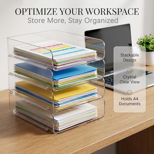 DCA 4 Tier Clear Desk Organizer, Stackable Paper Tray, Acrylic File Holder Paper Organizer for Office, Home, School, Letter & A4 Size - size: Deep 12.4in