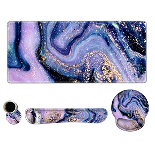 ARTSO Large Mouse Pad Ergonomic Keyboard Wrist Rest Support Combo, Memory Foam Gel Wrist Pad, Extended Desk Mat Protector, Non-Slip Desk Blotter, Purple Marble - color: Purple Marble