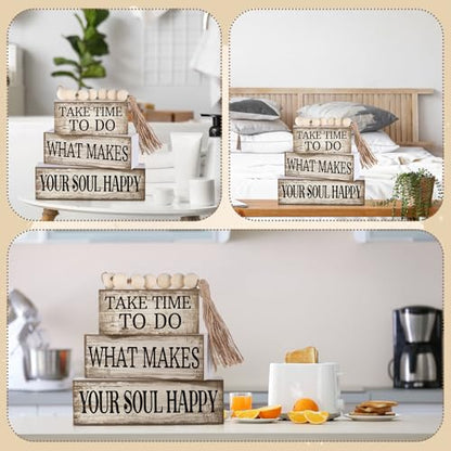 Yuntau 4 Pcs Farmhouse Tabletop Decoration Inspirational Farmhouse Tiered Tray Decor Rustic Retro Wood Bead Garland Take Time to Do What Makes Your Soul Happy Block Centerpiece Sign for Home Shelf - style: Inspirational